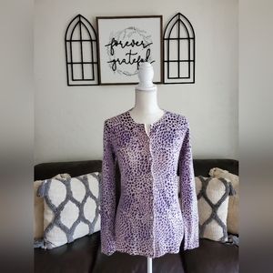 Evelyn Cashmere Purple Animal Print Button Up Cardigan 100% Cashmere Size L Boho